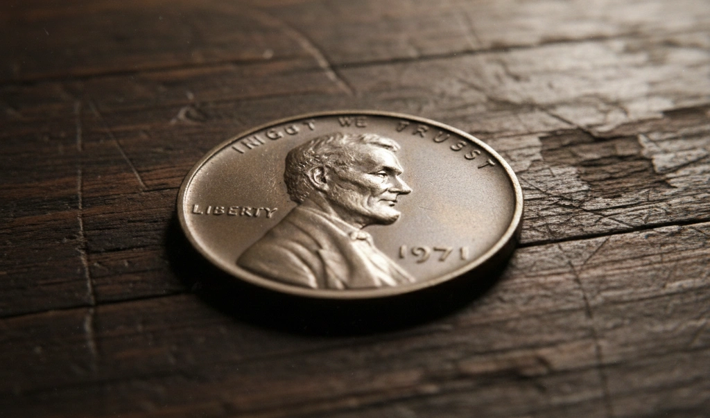 Penny photographed on an aged wooden table