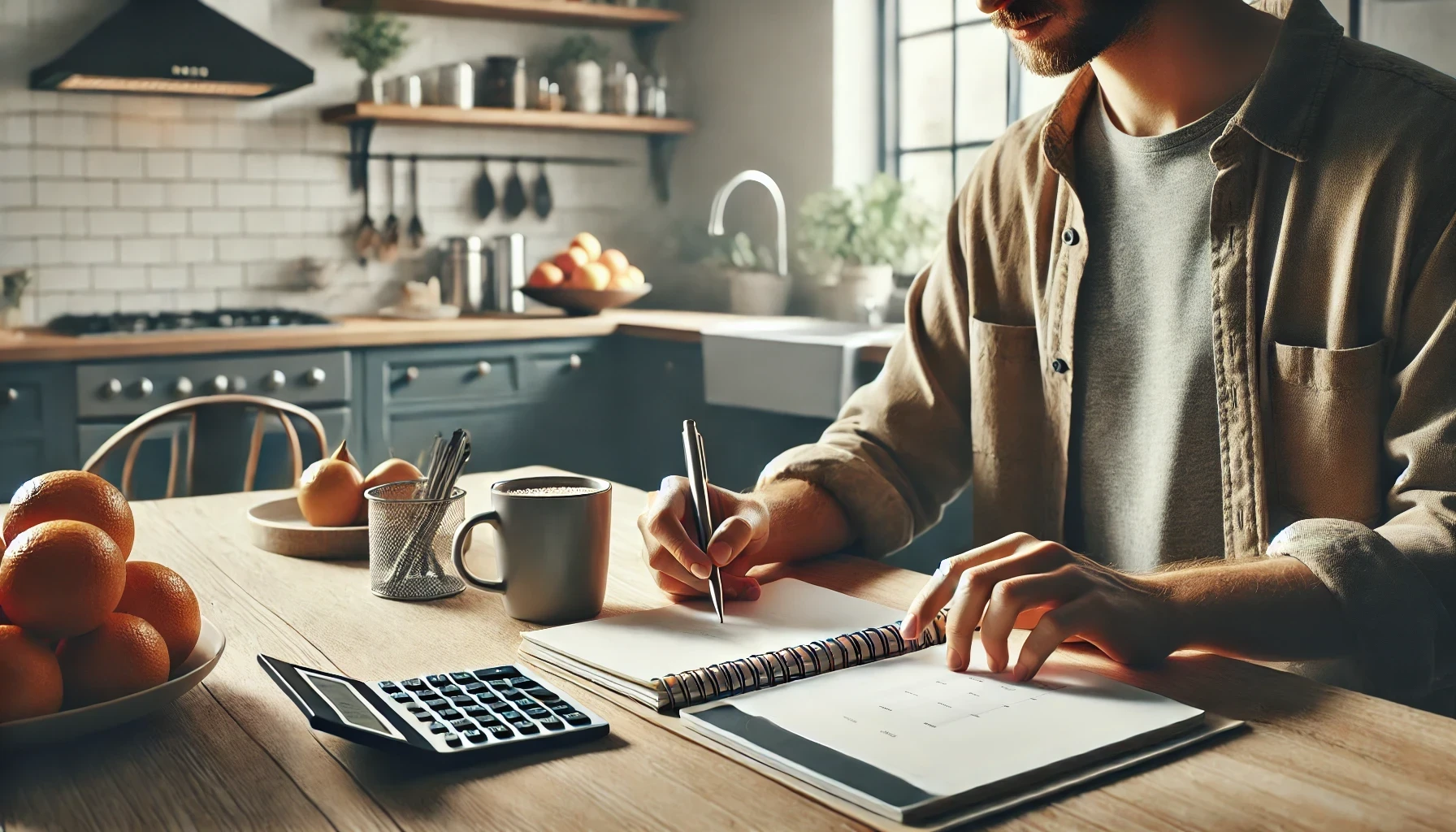 A man is sitting at a kitchen table, using a calculator and notebook to create a budget.