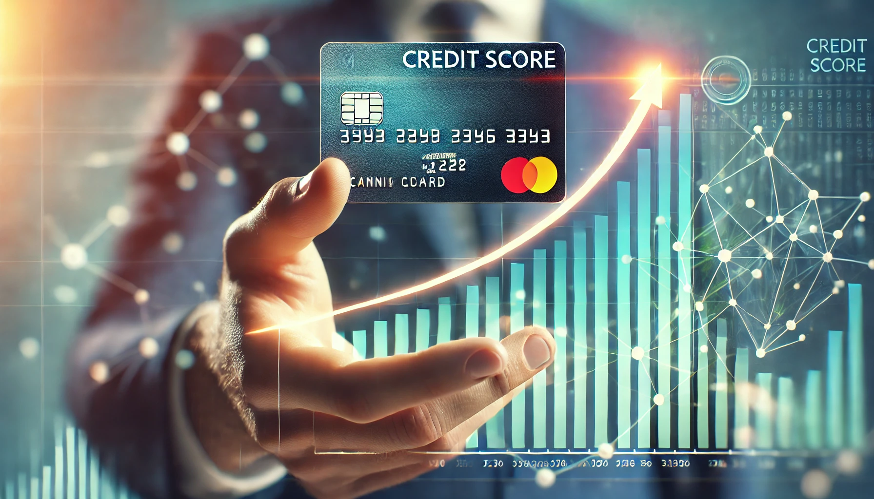 a hand holding a credit card with a rising bar graph in the background, symbolizing an increasing credit score.