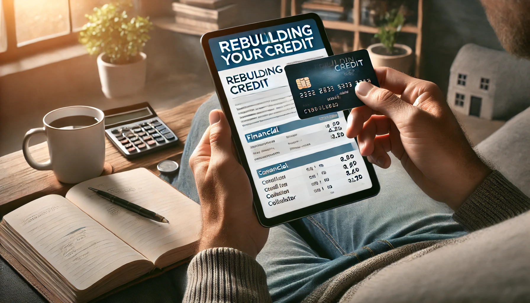 a person in a comfortable home setting, holding a credit card and reviewing their credit report on a tablet.