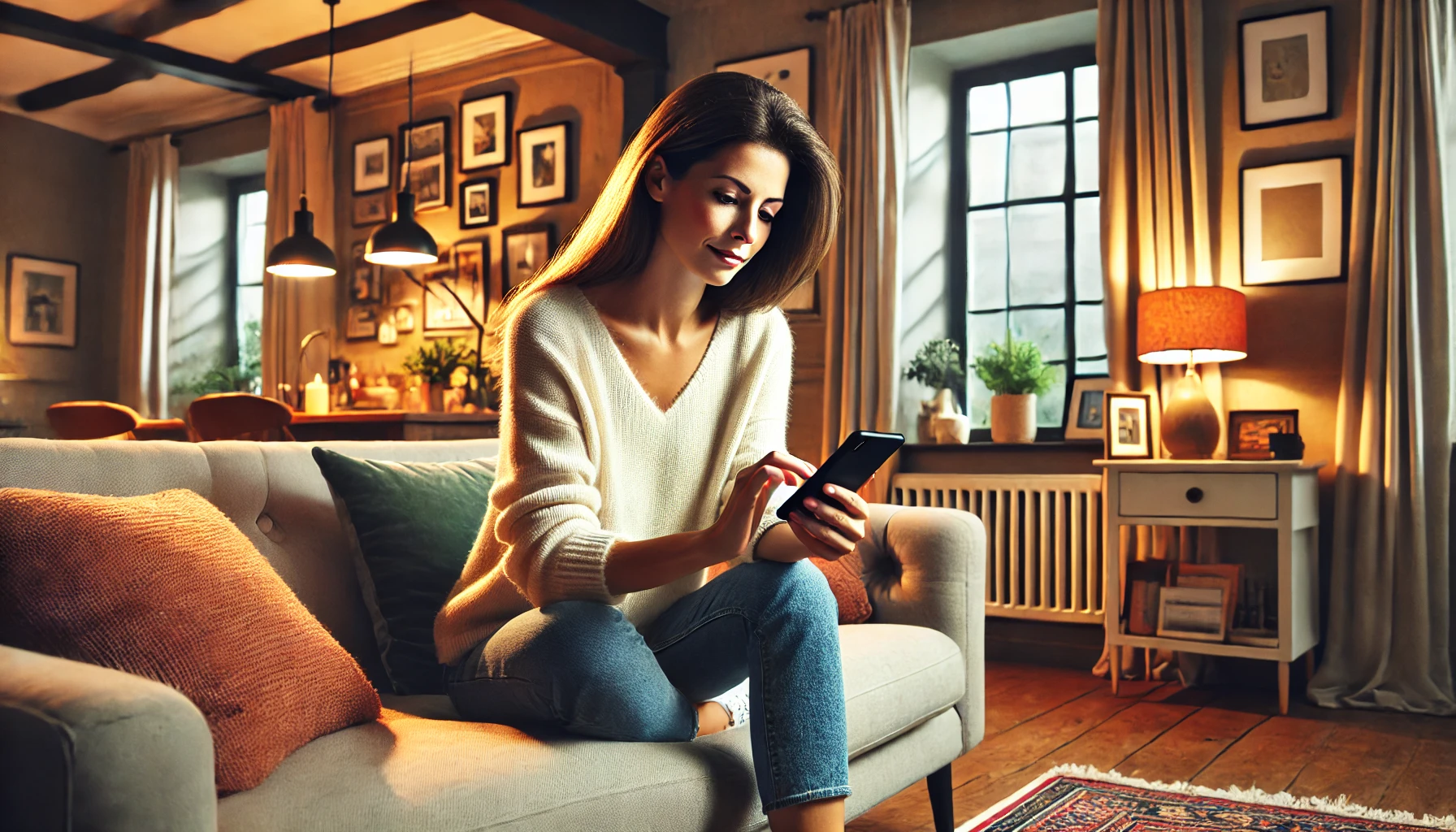 A woman sitting on a comfortable sofa in a well-decorated living room, using her phone with a focused expression.