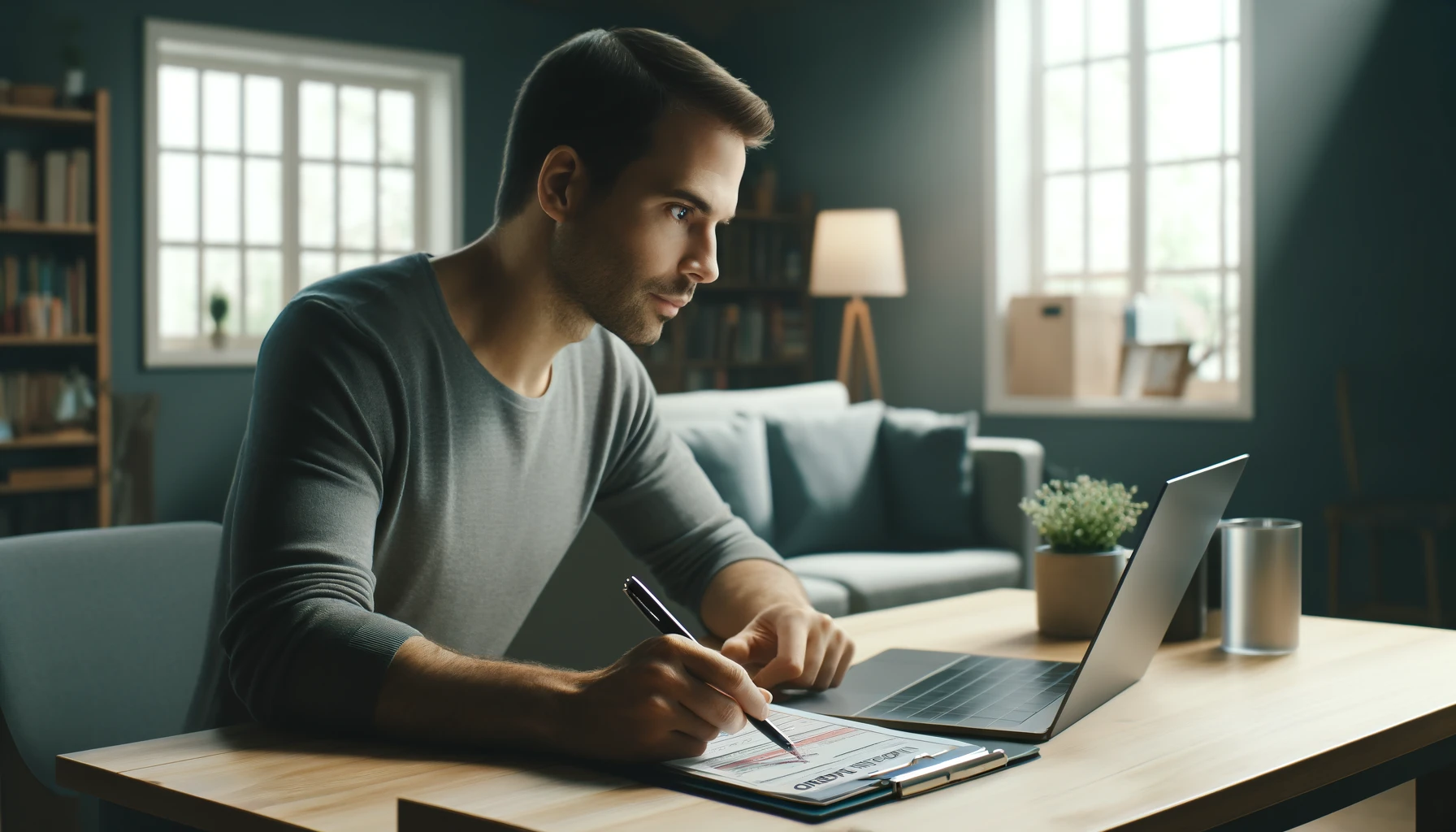 a male person sitting at a desk at home, looking focused while using his laptop at home.