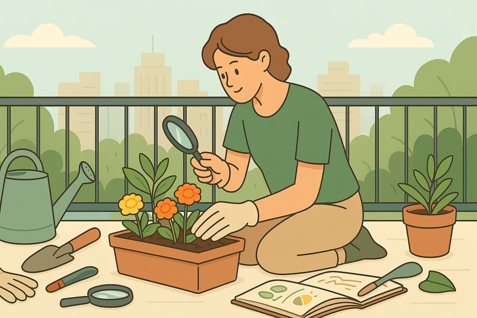 A beginner gardener repots marigolds on a balcony.