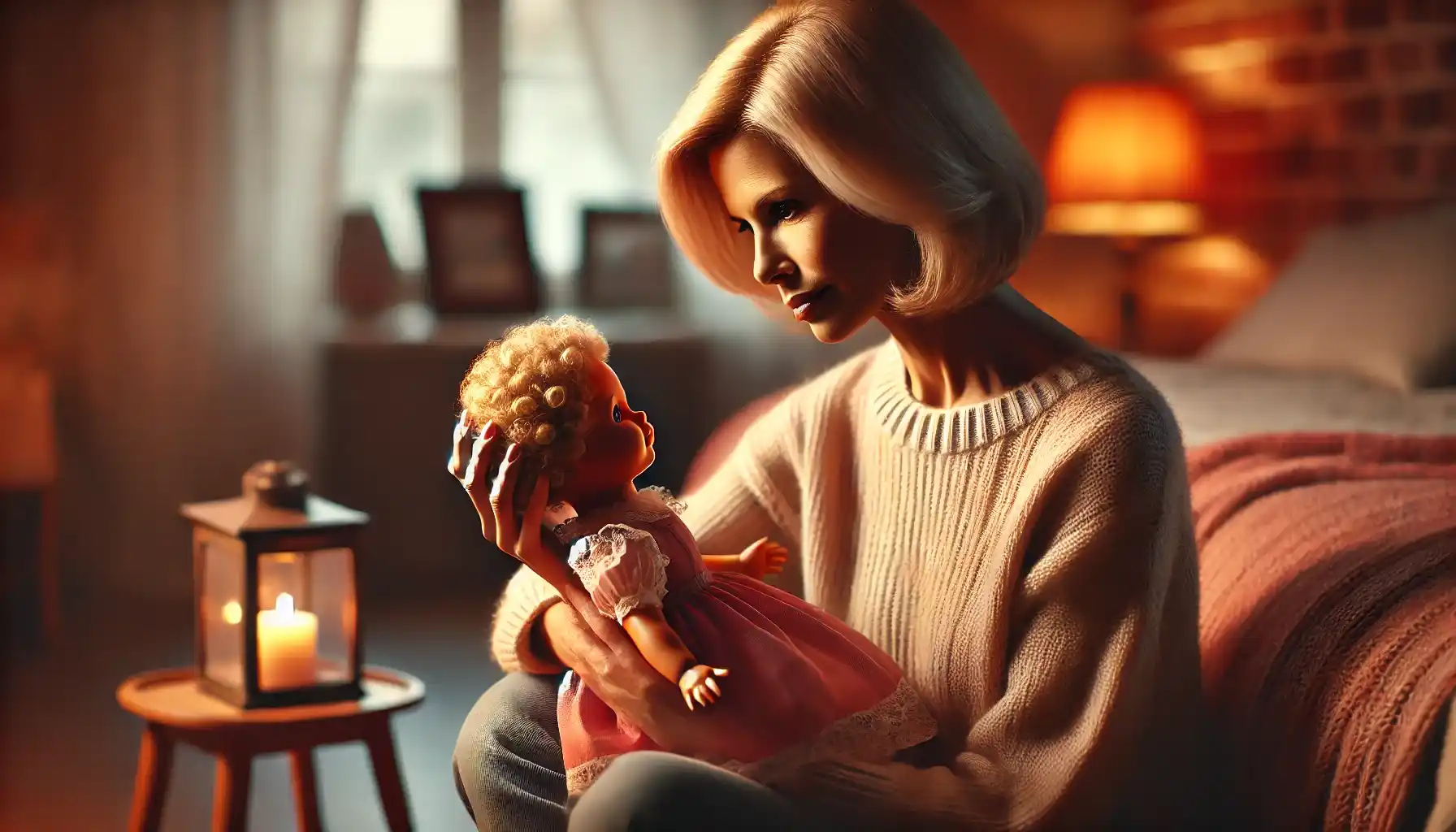 An adult woman is sitting in a cozy, warmly lit room, gazing lovingly at her childhood doll (that can be sold for a good amount of money). 