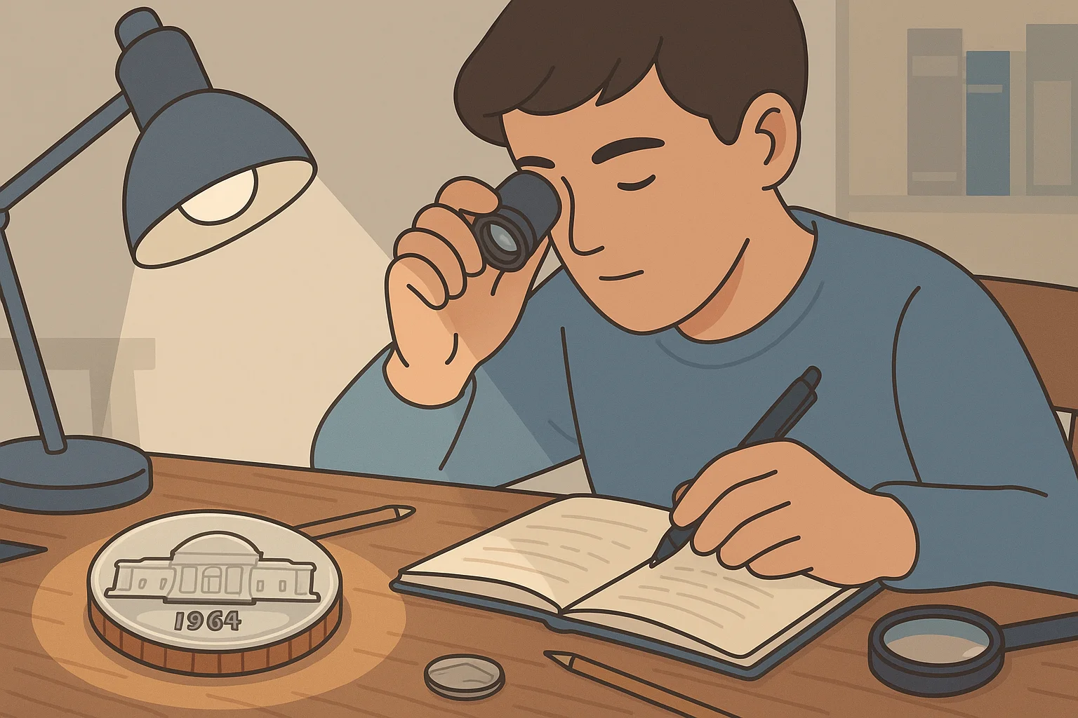 A student is examining a 1964 nickel via a magnifying glass.