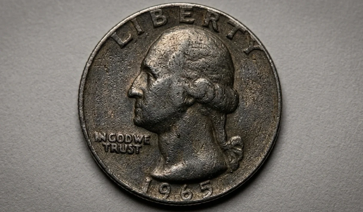 A 1965 quarter placed flat with focus on Washington profile